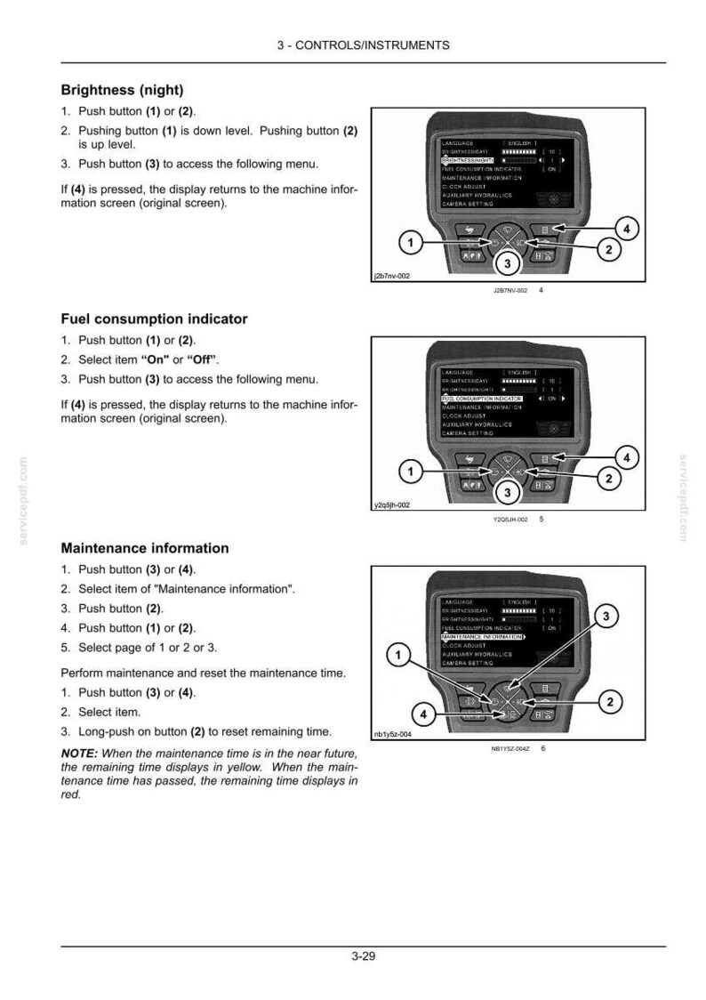 Op de afbeelding: Diagram van een bedieningspaneel met een zwart scherm en knoppen genummerd 1 tot 4. Het scherm toont instellingen voor taal, onderhoud en brandstofverbruik. De afbeelding komt uit een handleiding.