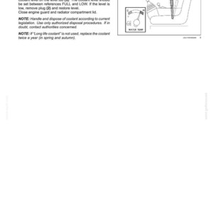 May include: Diagram from a maintenance manual showing coolant level check instructions. Includes text: Install cover, start engine, check coolant level between FULL and LOW. Also shows a water temperature gauge.