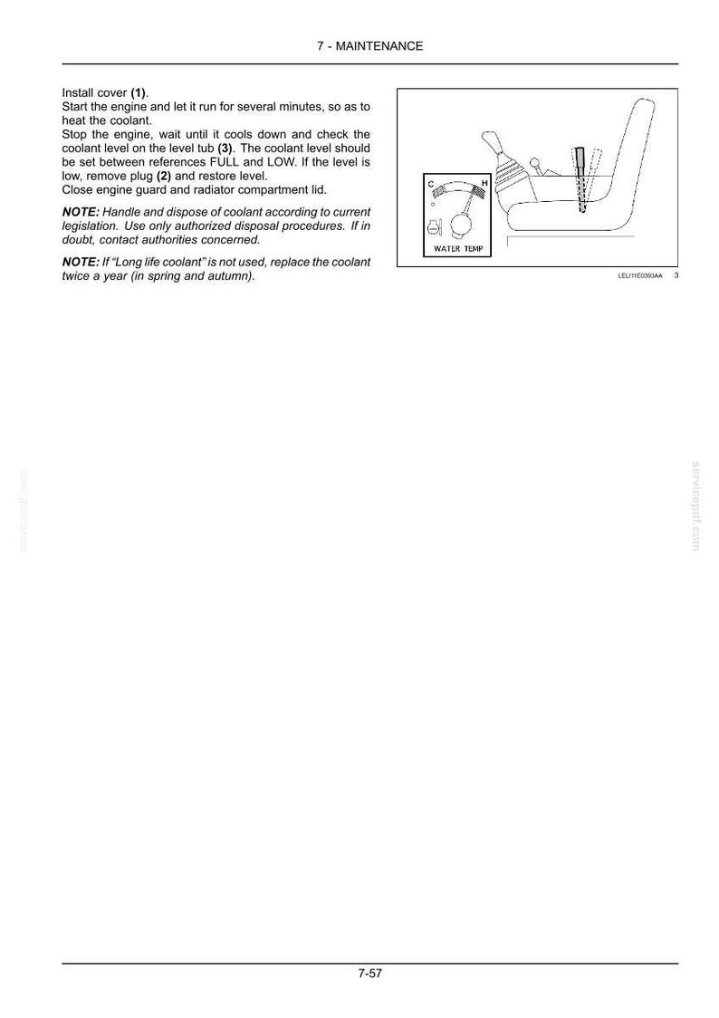 May include: Diagram from a maintenance manual showing coolant level check instructions. Includes text: Install cover, start engine, check coolant level between FULL and LOW. Also shows a water temperature gauge.