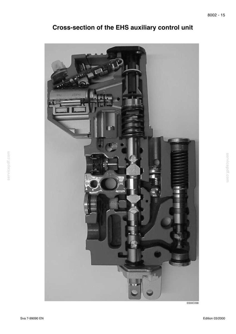 May include: A grayscale cross-section diagram of an EHS auxiliary control unit. The image shows the internal components of the unit, including springs, valves, and various mechanical parts. Text at the top reads "Cross-section of the EHS auxiliary control unit."