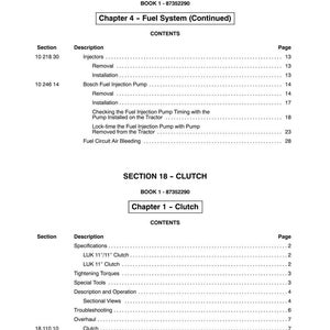 May include: A page from a manual with the title "SECTION 10 - ENGINE" and "SECTION 18 - CLUTCH". The page includes a table of contents with descriptions and page numbers for engine and clutch components. The text is in black on a white background.