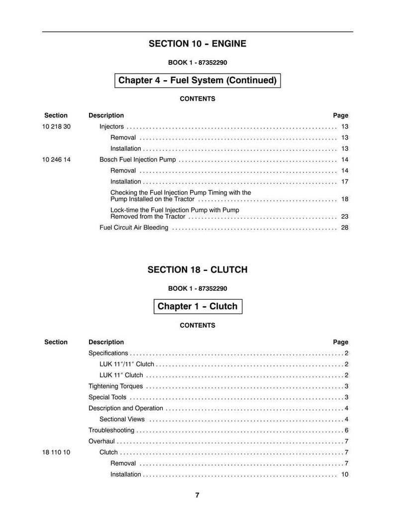 May include: A page from a manual with the title "SECTION 10 - ENGINE" and "SECTION 18 - CLUTCH". The page includes a table of contents with descriptions and page numbers for engine and clutch components. The text is in black on a white background.