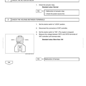 May include: A technical service document page titled ENGINE DIAGNOSIS CODE, detailing DTC code U1123 for a CAN communication error. It provides step-by-step instructions to check the actuator relay and measure voltage between VNTV and VNTG terminals.