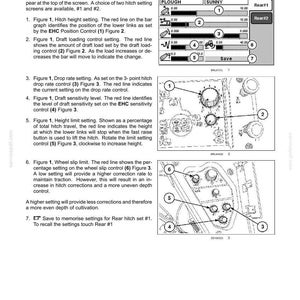 May include: A technical manual page titled 6-WORKING OPERATIONS, SETTINGS AND DISPLAY, featuring diagrams of a rear hitch set interface with numbered controls, including hitch height, draft loading, drop rate, and wheel slip limit settings.