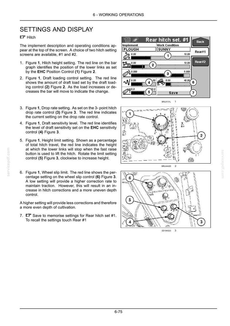 May include: A technical manual page titled 6-WORKING OPERATIONS, SETTINGS AND DISPLAY, featuring diagrams of a rear hitch set interface with numbered controls, including hitch height, draft loading, drop rate, and wheel slip limit settings.