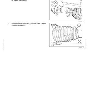 May include: Diagram of PTO POWER IN installation instructions. The image shows two detailed illustrations with labels for quick coupler, power-take-off, shaft, dust cap, collar, and screws. Text includes installation steps.