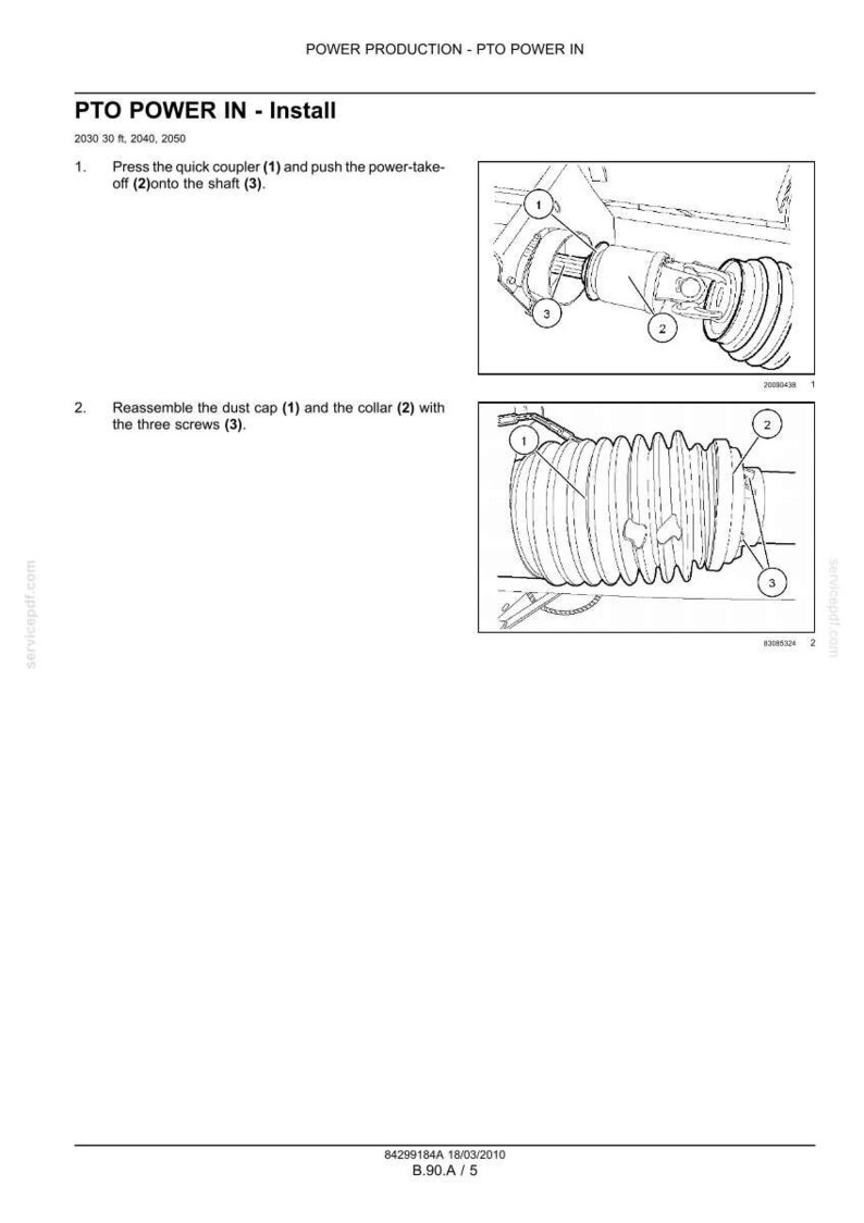 May include: Diagram of PTO POWER IN installation instructions. The image shows two detailed illustrations with labels for quick coupler, power-take-off, shaft, dust cap, collar, and screws. Text includes installation steps.