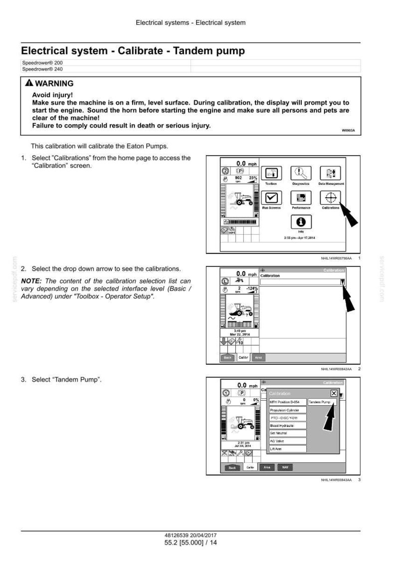 May include: A technical document detailing the calibration of an electrical system, specifically a tandem pump. The document includes instructions, diagrams, and warnings about potential injury. The screen displays a speed of 0.0 mph.