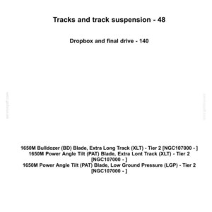 May include: Image of a document from Case Construction. The document includes the company logo and text detailing tracks, track suspension, dropbox, and final drive information. Additional text lists bulldozer and blade specifications.