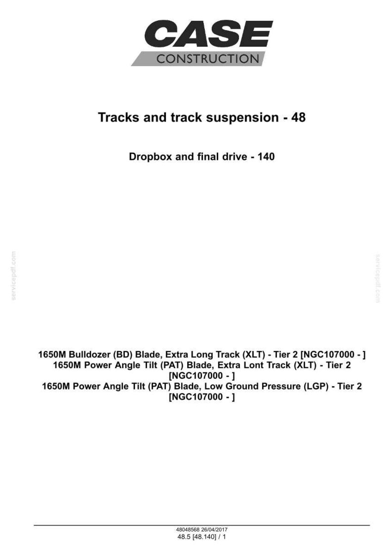 May include: Image of a document from Case Construction. The document includes the company logo and text detailing tracks, track suspension, dropbox, and final drive information. Additional text lists bulldozer and blade specifications.