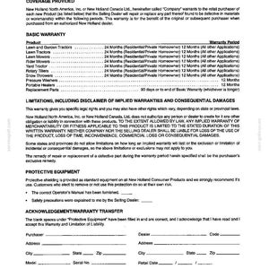 Pode incluir: Um documento a preto e branco intitulado New Holland North America Inc. and New Holland Canada Ltd. Warranty and Limitation of Liability - Consumer Products. Lista per&iacute;odos de garantia para tratores, cortadores, cultivadores e aquecedores.