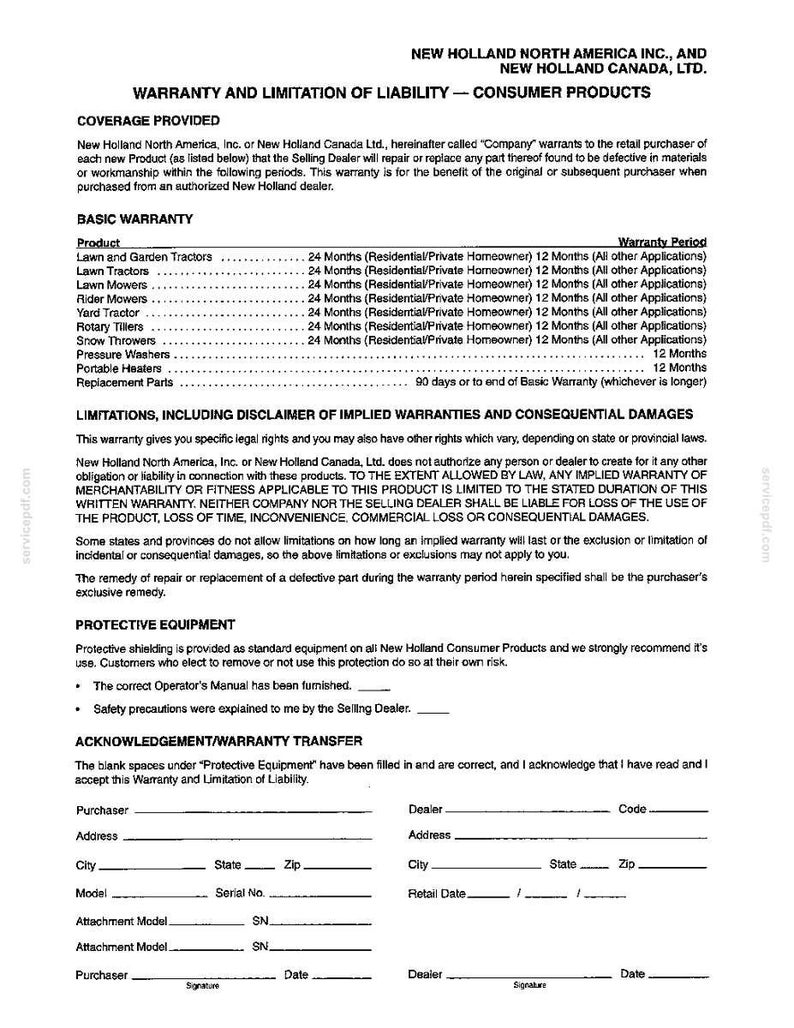 Pode incluir: Um documento a preto e branco intitulado New Holland North America Inc. and New Holland Canada Ltd. Warranty and Limitation of Liability - Consumer Products. Lista per&iacute;odos de garantia para tratores, cortadores, cultivadores e aquecedores.