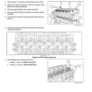 May include: Diagram of an engine cylinder head installation process. The image includes diagrams, numbered components, and instructions for installing the cylinder head, including torque specifications of 60 Nm (44.3 lb ft) and 120 Nm (88.5 lb ft).