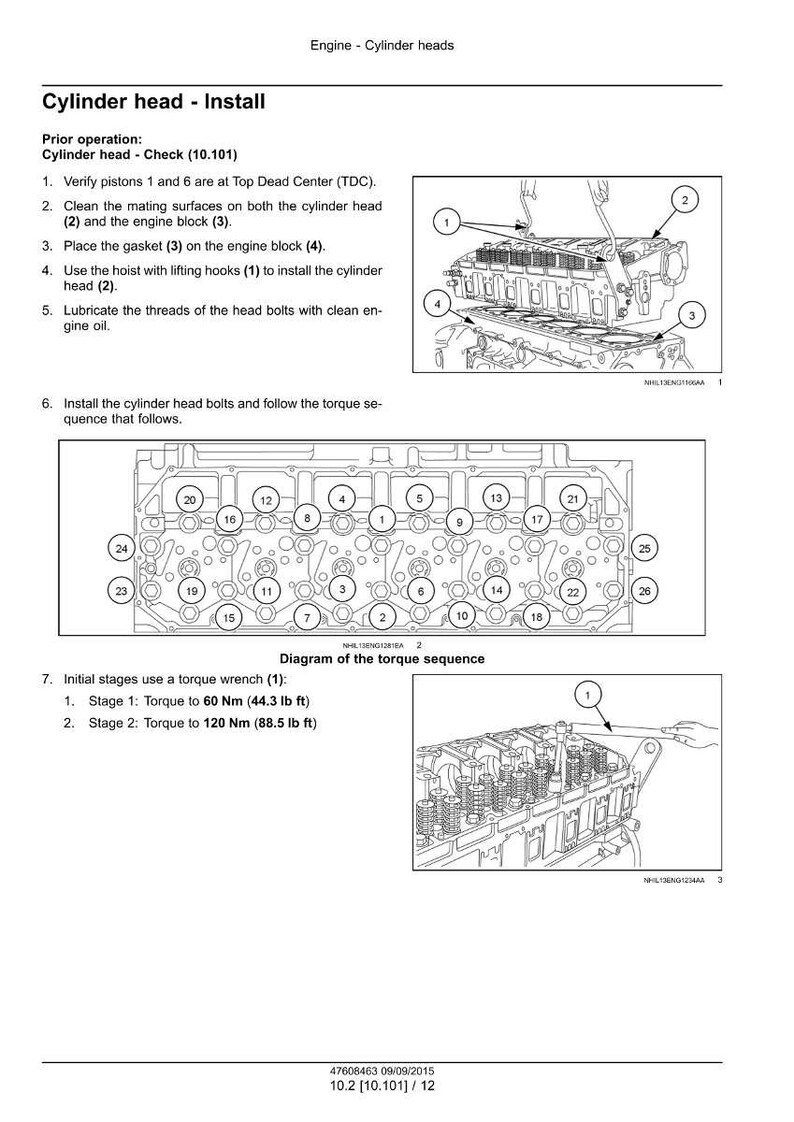 May include: Diagram of an engine cylinder head installation process. The image includes diagrams, numbered components, and instructions for installing the cylinder head, including torque specifications of 60 Nm (44.3 lb ft) and 120 Nm (88.5 lb ft).