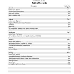 May include: A white document titled "621E Wheel Loader Repair Manual" with a table of contents. The table lists sections like "Engines", "Fuel System", and "Electrical". The document is dated September 2007.