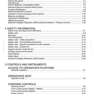 May include: A detailed table of contents from a manual, with sections on general information, safety, controls, and instruments. The text is black on a white background, with page numbers.