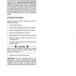 K&ouml;nnte beinhalten: Eine Seite eines technischen Dokuments mit dem Titel SECTION 3 - FIELD OPERATION, die Anweisungen zum Starten eines Traktormotors enth&auml;lt. Der Text beschreibt Sicherheitsverfahren, das Laden der Batterie und die Einstellungen der G&auml;nge.