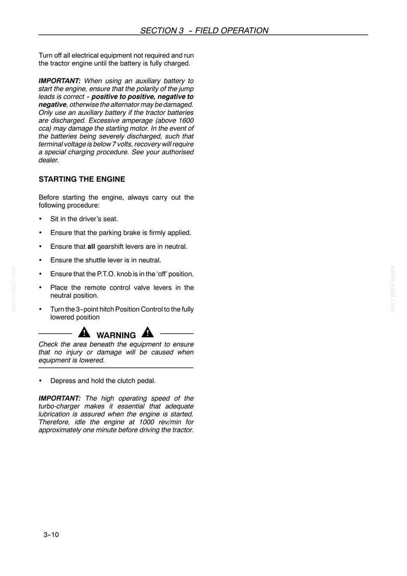 K&ouml;nnte beinhalten: Eine Seite eines technischen Dokuments mit dem Titel SECTION 3 - FIELD OPERATION, die Anweisungen zum Starten eines Traktormotors enth&auml;lt. Der Text beschreibt Sicherheitsverfahren, das Laden der Batterie und die Einstellungen der G&auml;nge.