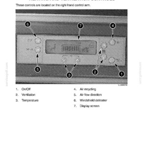 May include: Diagram of a vehicle's heating and ventilation control panel. The panel includes buttons for on/off, ventilation, temperature, air recycling, air flow direction, windshield defroster, and a display screen.