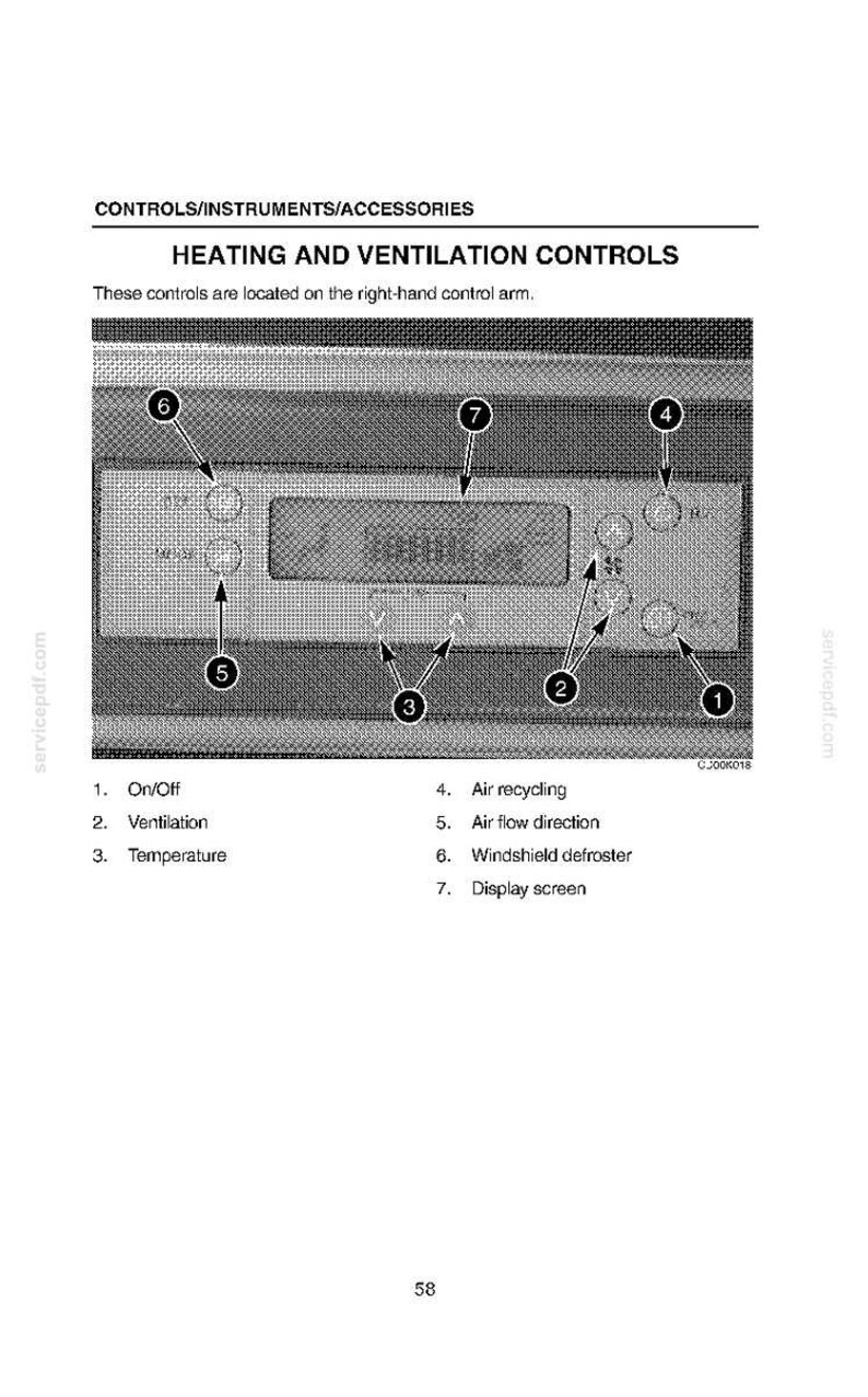May include: Diagram of a vehicle's heating and ventilation control panel. The panel includes buttons for on/off, ventilation, temperature, air recycling, air flow direction, windshield defroster, and a display screen.