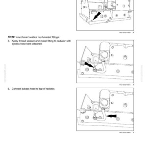May include: Diagrams illustrating the engine cooling system installation process. The images show the installation of the cooling package frame, applying thread sealant, and connecting the bypass hose to the radiator. Text includes instructions and part numbers.
