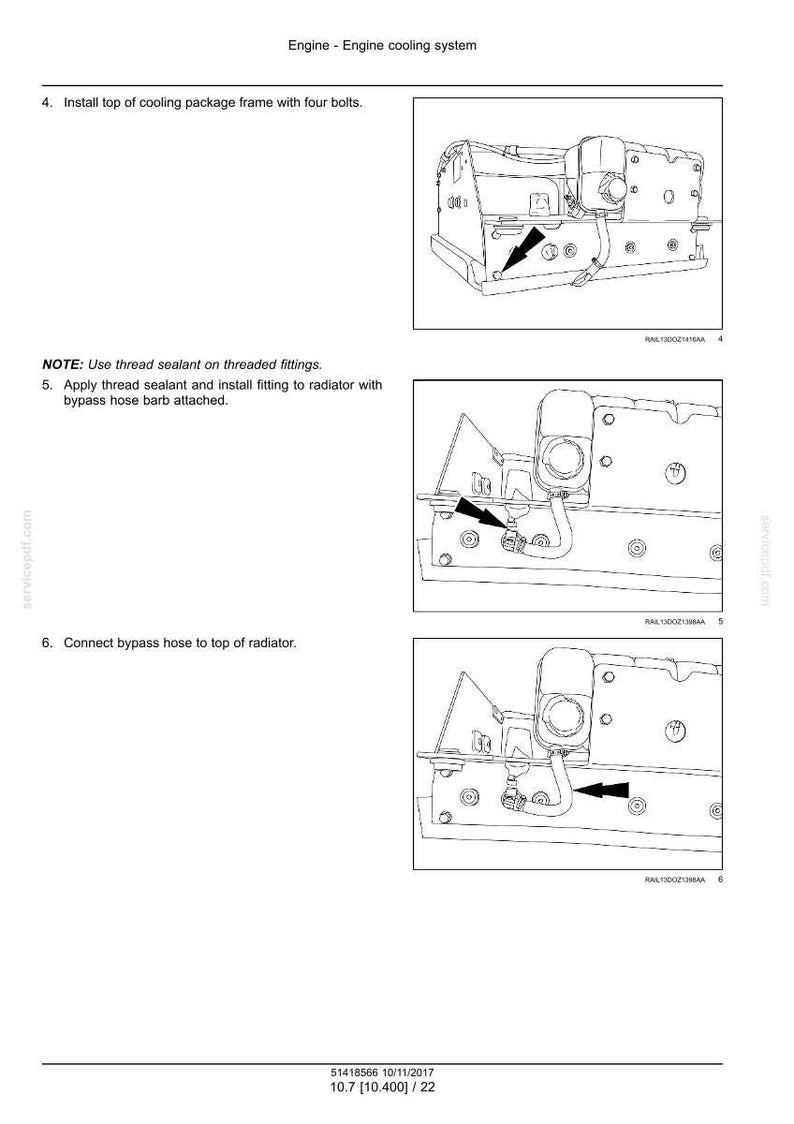 May include: Diagrams illustrating the engine cooling system installation process. The images show the installation of the cooling package frame, applying thread sealant, and connecting the bypass hose to the radiator. Text includes instructions and part numbers.