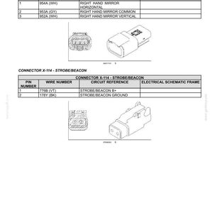 May include: Diagram of electrical connectors, including Connector X-113 for the right-hand power mirror and Connector X-114 for strobe/beacon. Includes pin numbers, wire numbers, and circuit references.