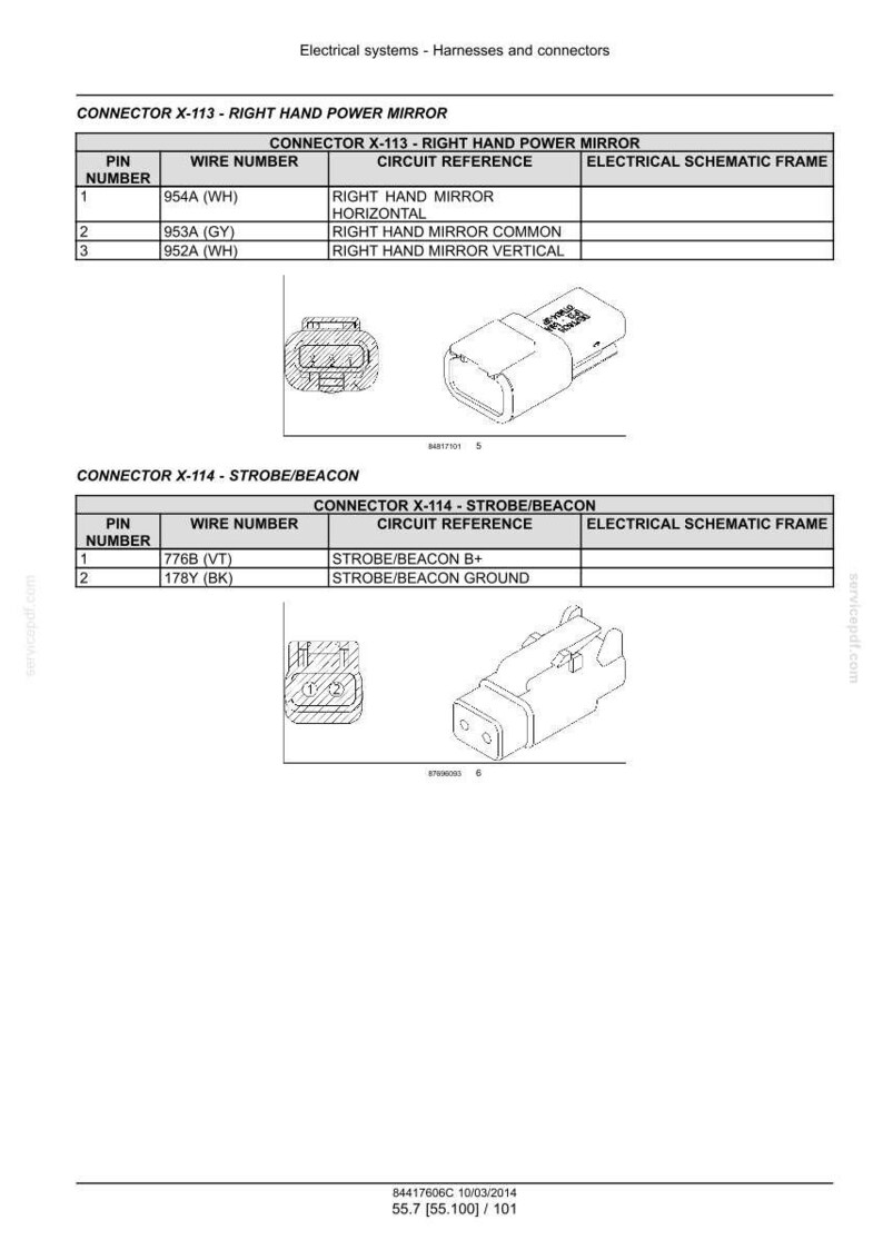 May include: Diagram of electrical connectors, including Connector X-113 for the right-hand power mirror and Connector X-114 for strobe/beacon. Includes pin numbers, wire numbers, and circuit references.