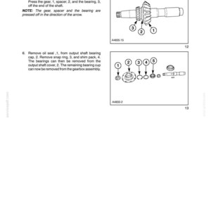 May include: Technical diagram from a manual showing mechanical components. The diagram includes an output shaft assembly with numbered parts, including gears, spacers, and bearings. Text instructions detail the removal process. The page is labeled "SECTION 58 - ATTACHMENTS/HEADERS - CHAPTER 3."