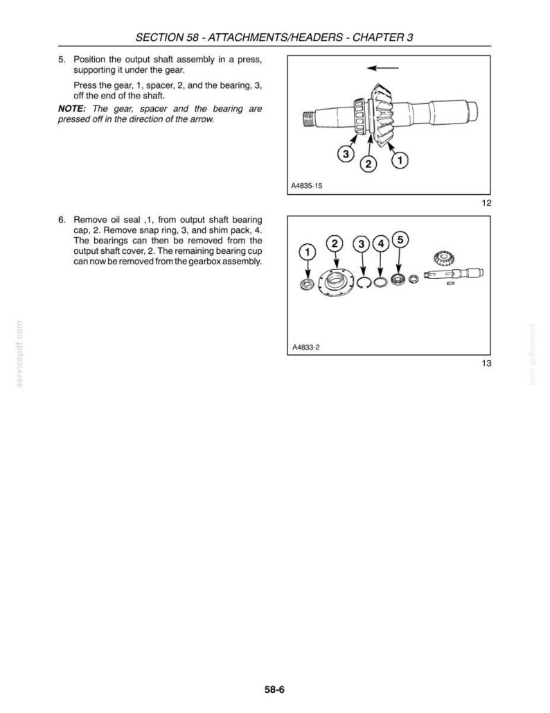 May include: Technical diagram from a manual showing mechanical components. The diagram includes an output shaft assembly with numbered parts, including gears, spacers, and bearings. Text instructions detail the removal process. The page is labeled "SECTION 58 - ATTACHMENTS/HEADERS - CHAPTER 3."