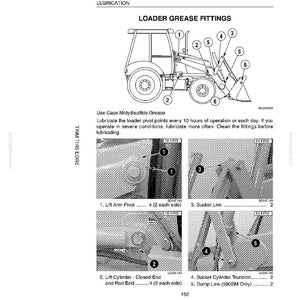 K&ouml;nnte beinhalten: Diagramm eines Laders mit nummerierten Schmiernippeln, beschriftet mit "LOADER GREASE FITTINGS". Enth&auml;lt Nahaufnahmen von Schmierstellen, wie dem Hubarmdrehpunkt und der Eimervorrichtung. Text mit Schmierhinweisen.