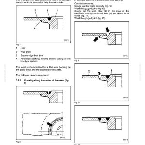 May include: Diagrams illustrating repair welding techniques for cracks in hub connections. The images show cross-sections of welded joints, detailing the hub, web plate, and butt joint. Text explains the process and possible defects.