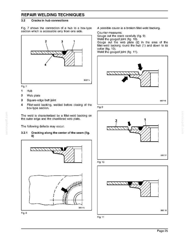 May include: Diagrams illustrating repair welding techniques for cracks in hub connections. The images show cross-sections of welded joints, detailing the hub, web plate, and butt joint. Text explains the process and possible defects.