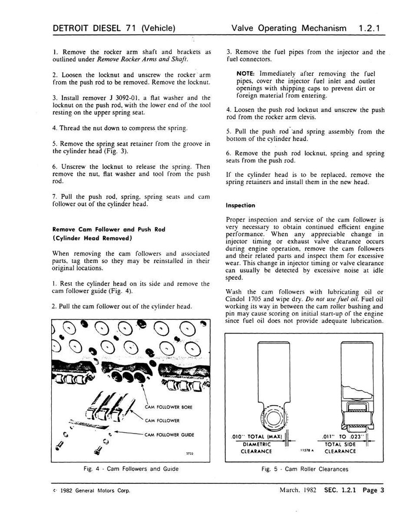 Puede incluir: Diagrama t&eacute;cnico de un veh&iacute;culo Detroit Diesel 71, que detalla los mecanismos de funcionamiento de las v&aacute;lvulas. Incluye ilustraciones de seguidores de leva, gu&iacute;as y holguras de rodillos, con instrucciones de texto para el mantenimiento y la inspecci&oacute;n.