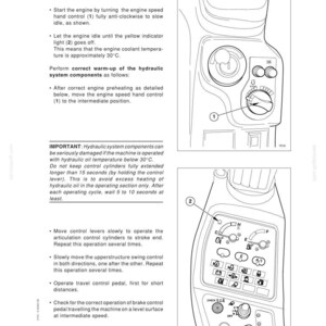 May include: Page from an operating manual with instructions for machine warm-up. The manual includes diagrams of control panels with numbered components and text explaining the warm-up process.
