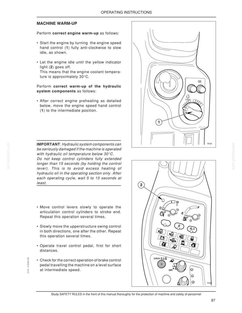 May include: Page from an operating manual with instructions for machine warm-up. The manual includes diagrams of control panels with numbered components and text explaining the warm-up process.