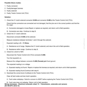 May include: A technical document titled "Electrical systems - FAULT CODES" details troubleshooting steps for a 2513-C1 clutch solenoid shorted 12V issue. The document includes causes, failure modes, and a step-by-step solution guide.