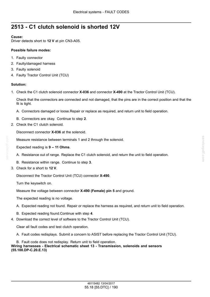 May include: A technical document titled "Electrical systems - FAULT CODES" details troubleshooting steps for a 2513-C1 clutch solenoid shorted 12V issue. The document includes causes, failure modes, and a step-by-step solution guide.