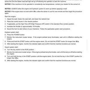 May include: Page from an operating instructions manual, titled "4 - OPERATING INSTRUCTIONS." The text details how to start an engine, including keyless and keyed start procedures, with safety notices and steps.