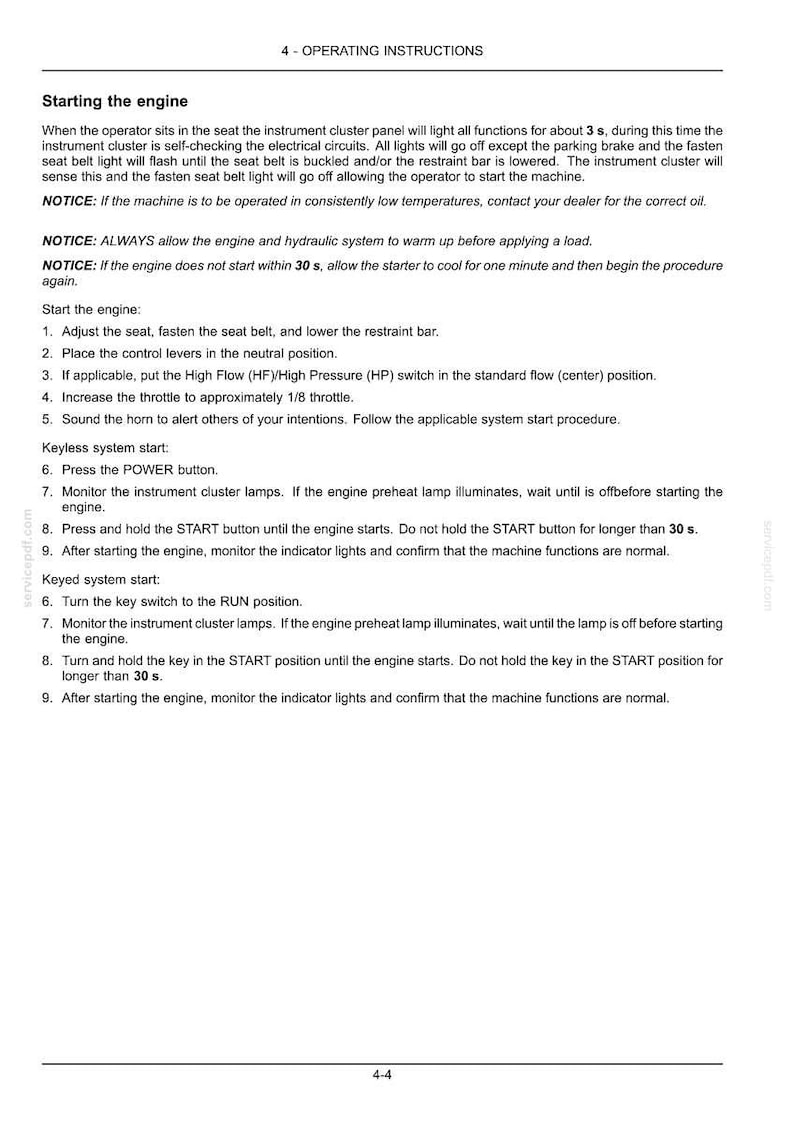 May include: Page from an operating instructions manual, titled "4 - OPERATING INSTRUCTIONS." The text details how to start an engine, including keyless and keyed start procedures, with safety notices and steps.