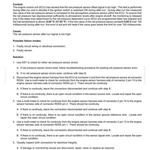 May include: Diagnostic document detailing fault code 3110, "Rail Pressure Sensor Monitoring - Signal Above Range Maximum." Includes context, cause, possible failures, and a step-by-step solution for troubleshooting electrical issues in a vehicle's engine system.