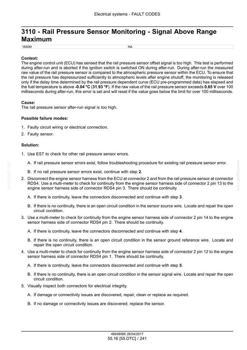 May include: Diagnostic document detailing fault code 3110, "Rail Pressure Sensor Monitoring - Signal Above Range Maximum." Includes context, cause, possible failures, and a step-by-step solution for troubleshooting electrical issues in a vehicle's engine system.