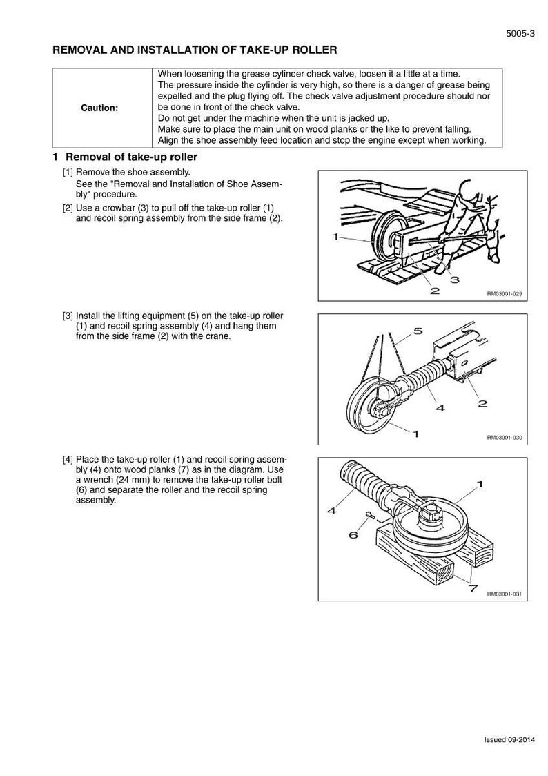 May include: Diagram illustrating the removal and installation of a take-up roller. The image includes step-by-step instructions with numbered components, including a crowbar, lifting equipment, and wood planks. The text includes safety cautions.