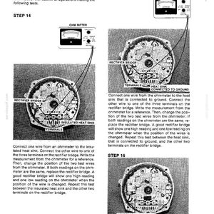 May include: Diagram showing an Ohm meter connected to a rectifier bridge, with accompanying text instructions. The image includes close-ups of the components and labels such as "Terminals" and "Heat Sink". The text provides steps for testing the rectifier bridge.