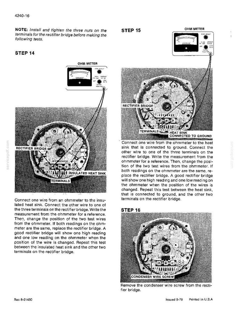 May include: Diagram showing an Ohm meter connected to a rectifier bridge, with accompanying text instructions. The image includes close-ups of the components and labels such as "Terminals" and "Heat Sink". The text provides steps for testing the rectifier bridge.