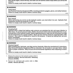May include: A white document with black text detailing safety warnings for hydraulic systems. The document includes warnings about injury, burn hazards, escaping fluid, and chemical hazards. Instructions are provided for maintenance procedures.