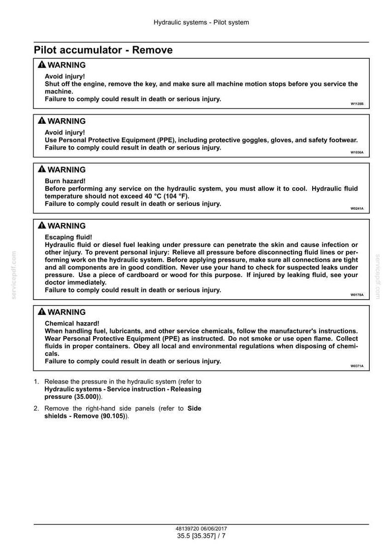 May include: A white document with black text detailing safety warnings for hydraulic systems. The document includes warnings about injury, burn hazards, escaping fluid, and chemical hazards. Instructions are provided for maintenance procedures.