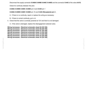 May include: A document titled "Electrical systems - FAULT CODES" with troubleshooting steps for electrical systems. Includes wiring harness information and fault code details. Text includes pin numbers and voltage checks.