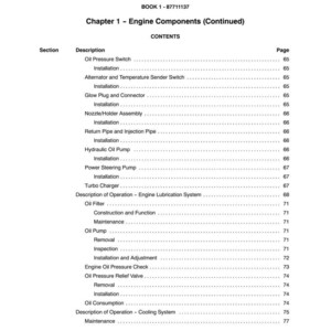 May include: A printed page from a manual titled "SECTION 10 - ENGINE" and "Chapter 1 - Engine Components (Continued)". The contents list engine components like "Oil Pressure Switch" and "Turbo Charger".