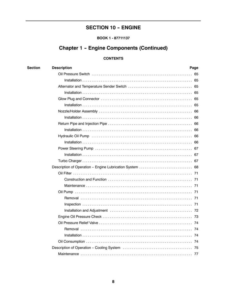 May include: A printed page from a manual titled "SECTION 10 - ENGINE" and "Chapter 1 - Engine Components (Continued)". The contents list engine components like "Oil Pressure Switch" and "Turbo Charger".